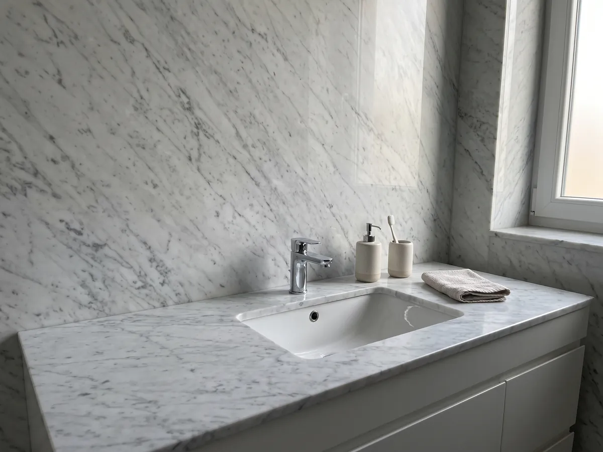 Vanity top and bathroom wall in white Bianco Carrara C Extra marble with a white sink and chrome faucets: white with fine, soft gray veins on the diagonal across the whole slab