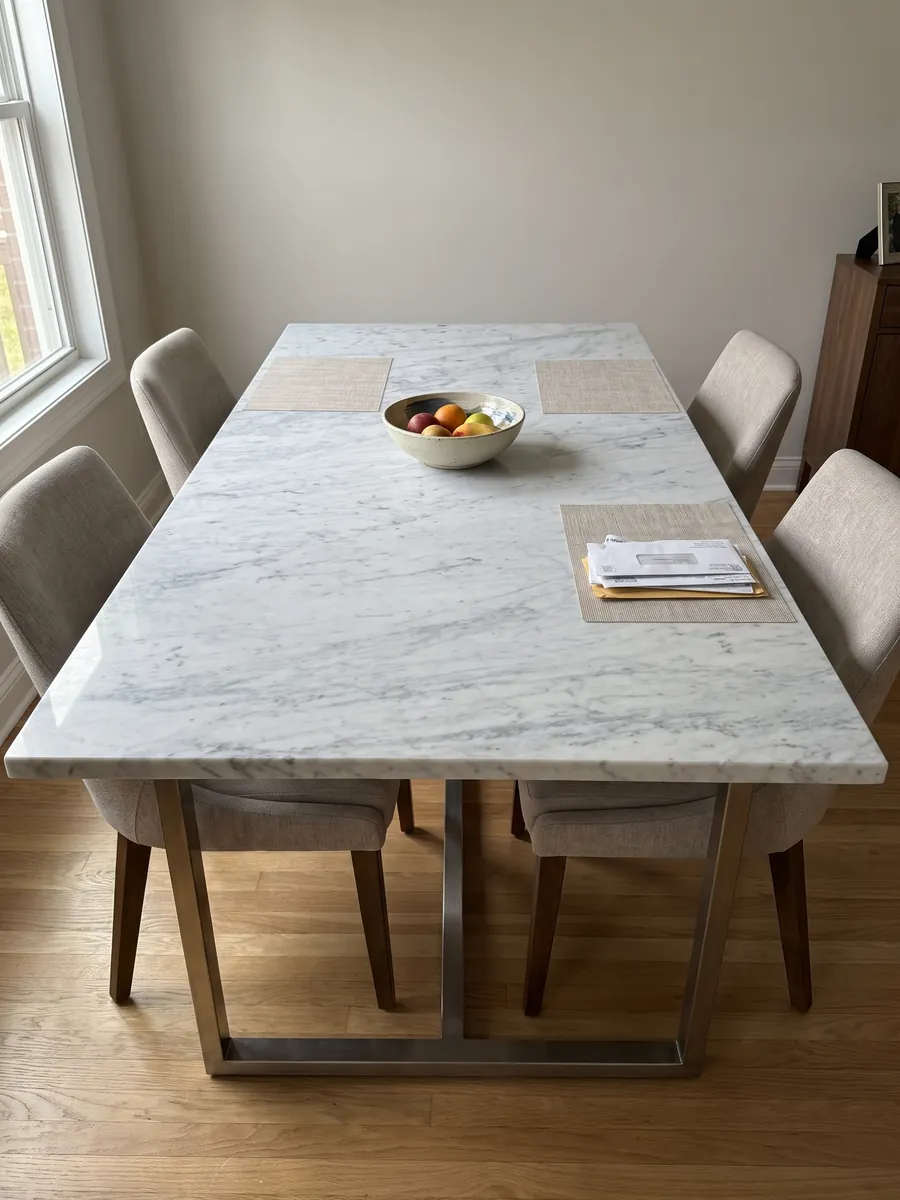 Dining table with a white Bianco Carrara C Extra marble top on a steel base: white with fine, soft gray veins running diagonally across the whole slab