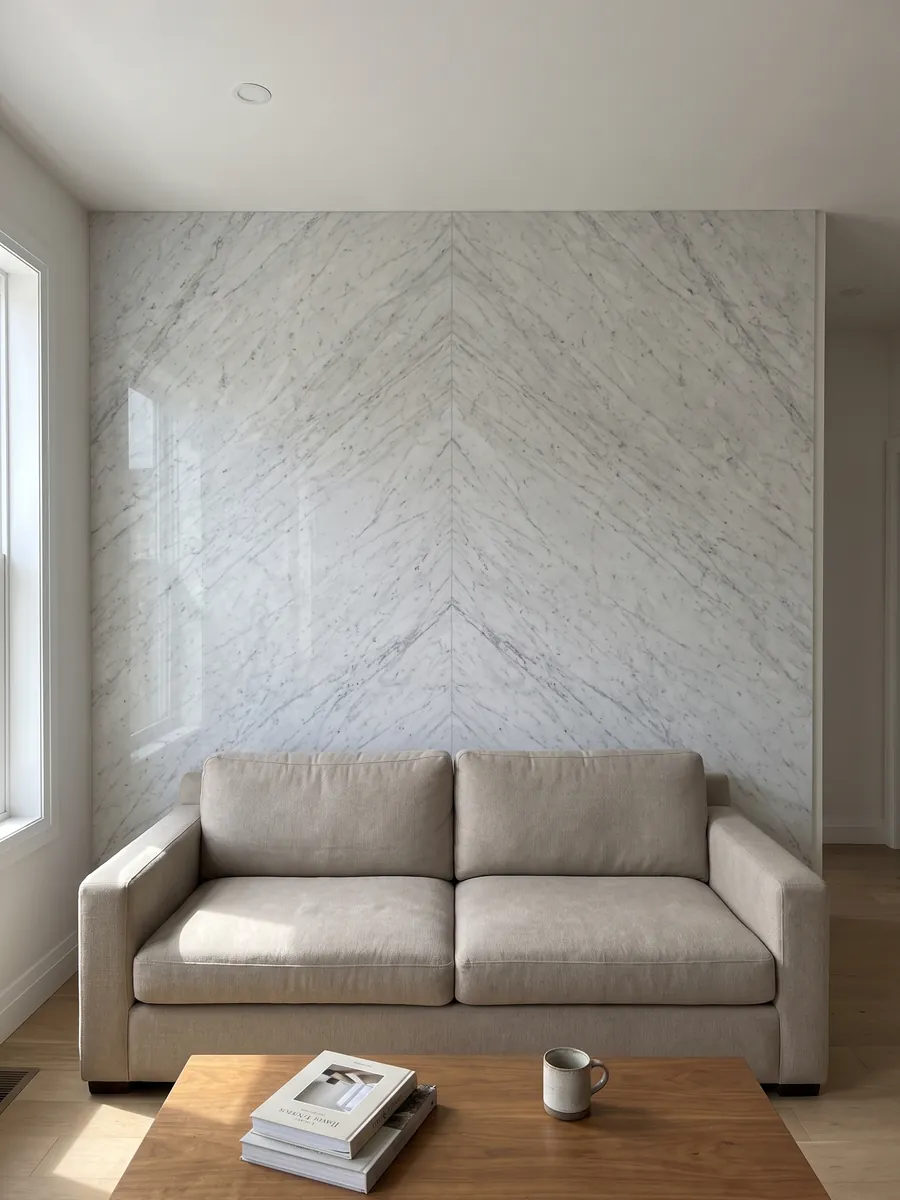 Living room wall clad in bookmatched slabs of white Bianco Carrara C Extra marble behind a sofa: white with fine, soft gray veins running diagonally across the whole slab