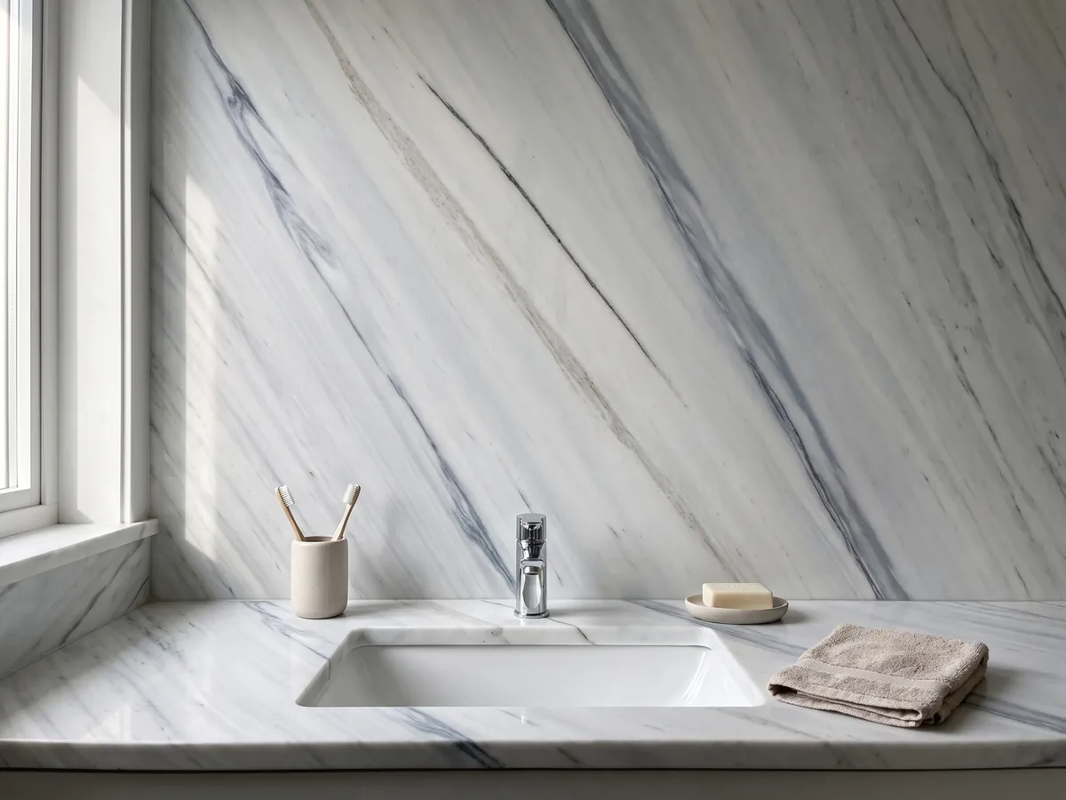 Vanity top and bathroom wall in white Bianco Covelano marble with a white sink and chrome fixtures: straight blue-gray veins, diagonal and parallel, over white