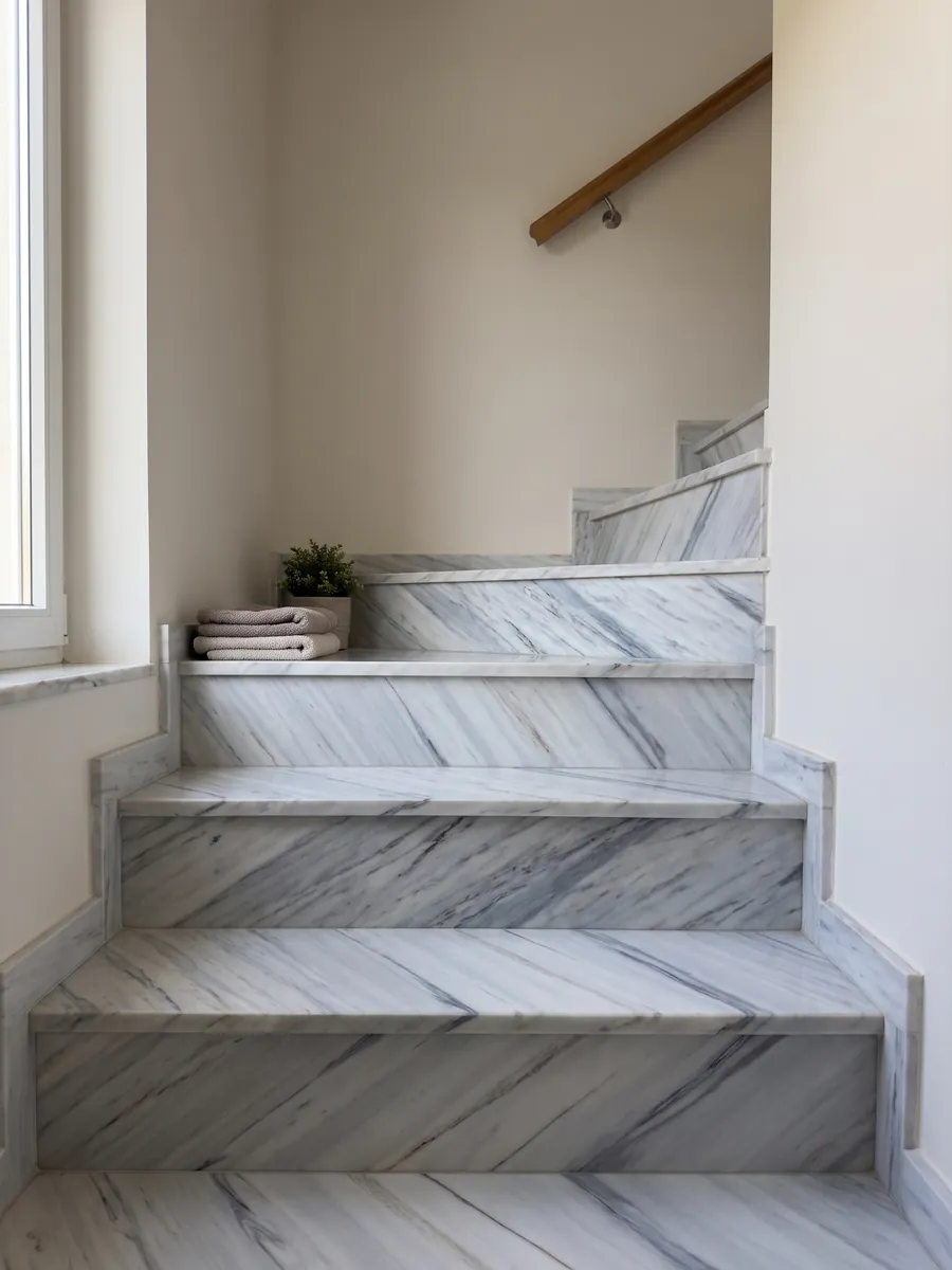 Interior staircase with white Bianco Covelano marble steps and a handrail: straight blue-gray veins, diagonal and parallel, over white