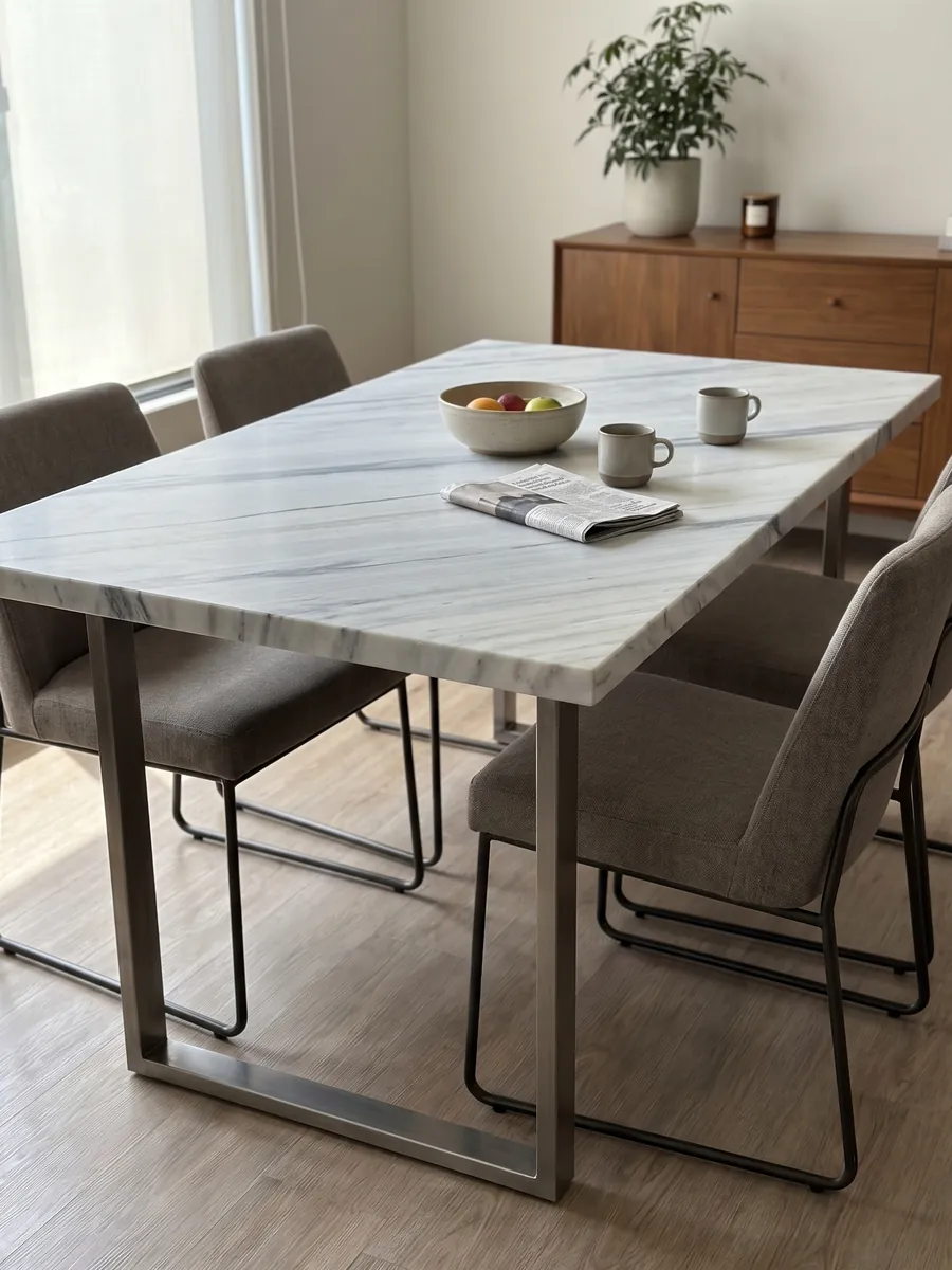 Dining table with a white Bianco Covelano marble top on a steel base: straight blue-gray veins, diagonal and parallel, over white