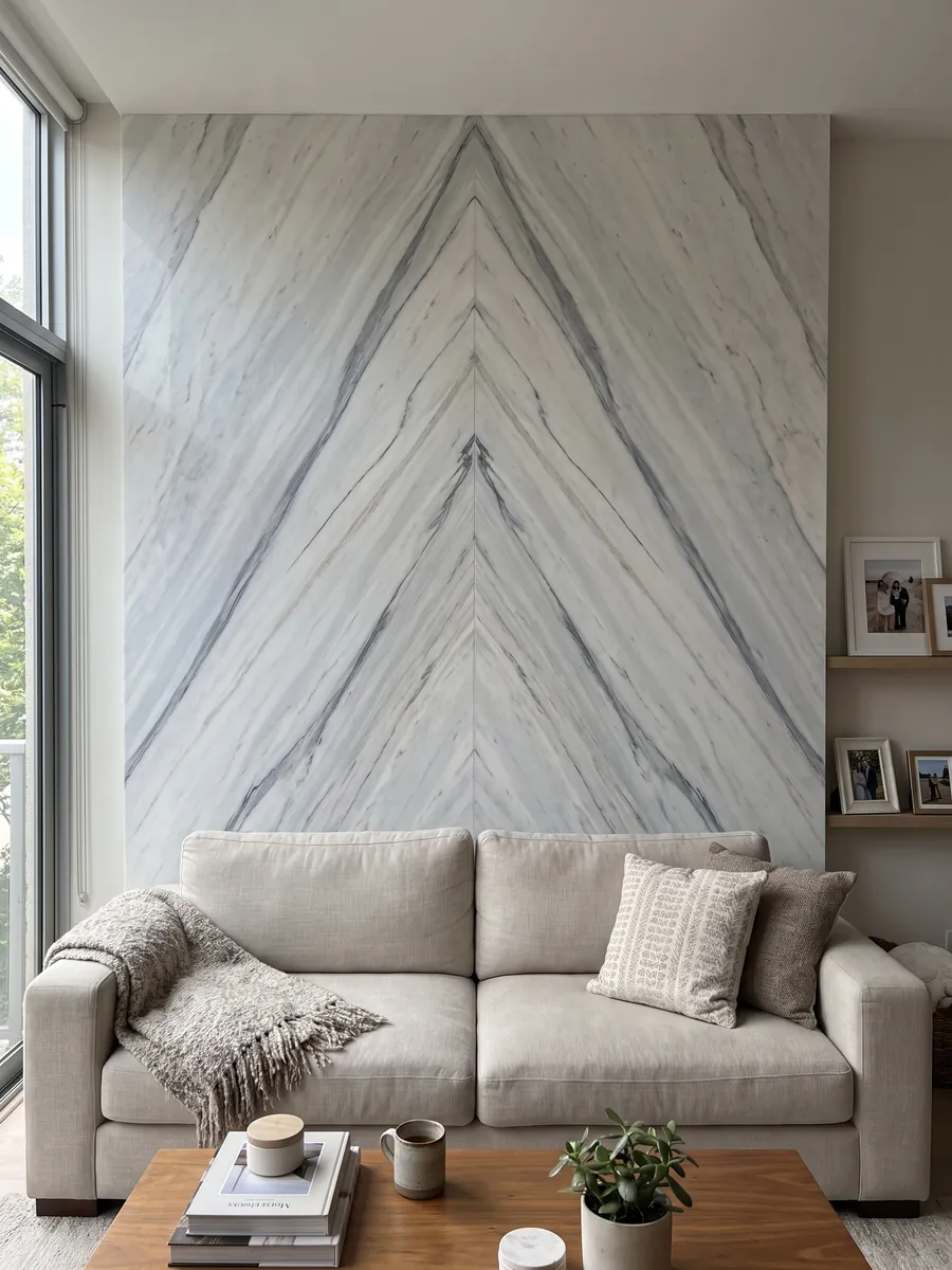 Living room wall clad in bookmatched slabs of white Bianco Covelano marble behind a sofa: straight blue-gray veins, diagonal and parallel, over white