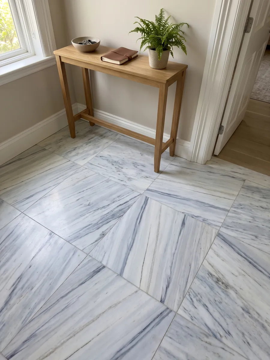 Entryway floor in large slabs of white Bianco Covelano marble with natural light: straight blue-gray veins, diagonal and parallel, over white