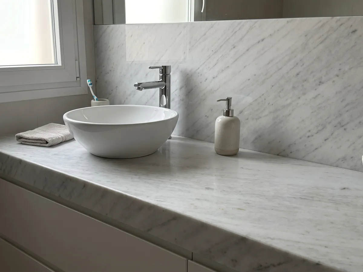 Vanity top and bathroom wall in Bianco Brasile marble with a white sink and chrome faucets: a cold, nearly plain white with faint gray lines on the diagonal