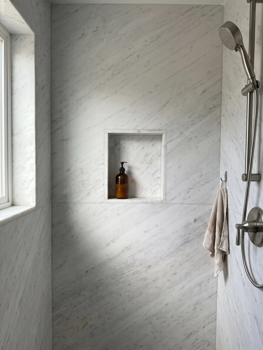 Shower clad in full Bianco Brasile marble slabs with a recessed niche: a cold, nearly plain white with faint gray lines on the diagonal