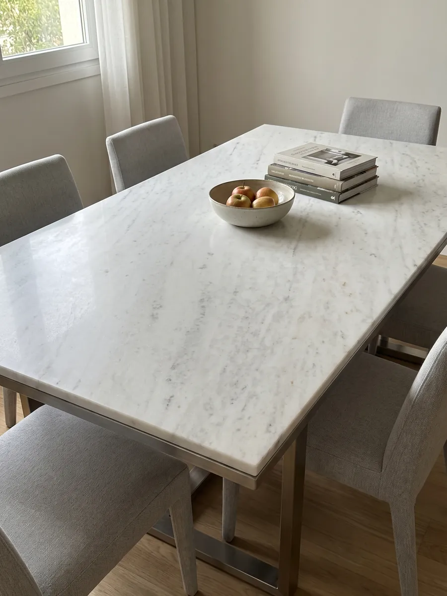 Dining table with a Bianco Brasile marble top on a steel base: a cold, nearly plain white with faint gray lines on the diagonal