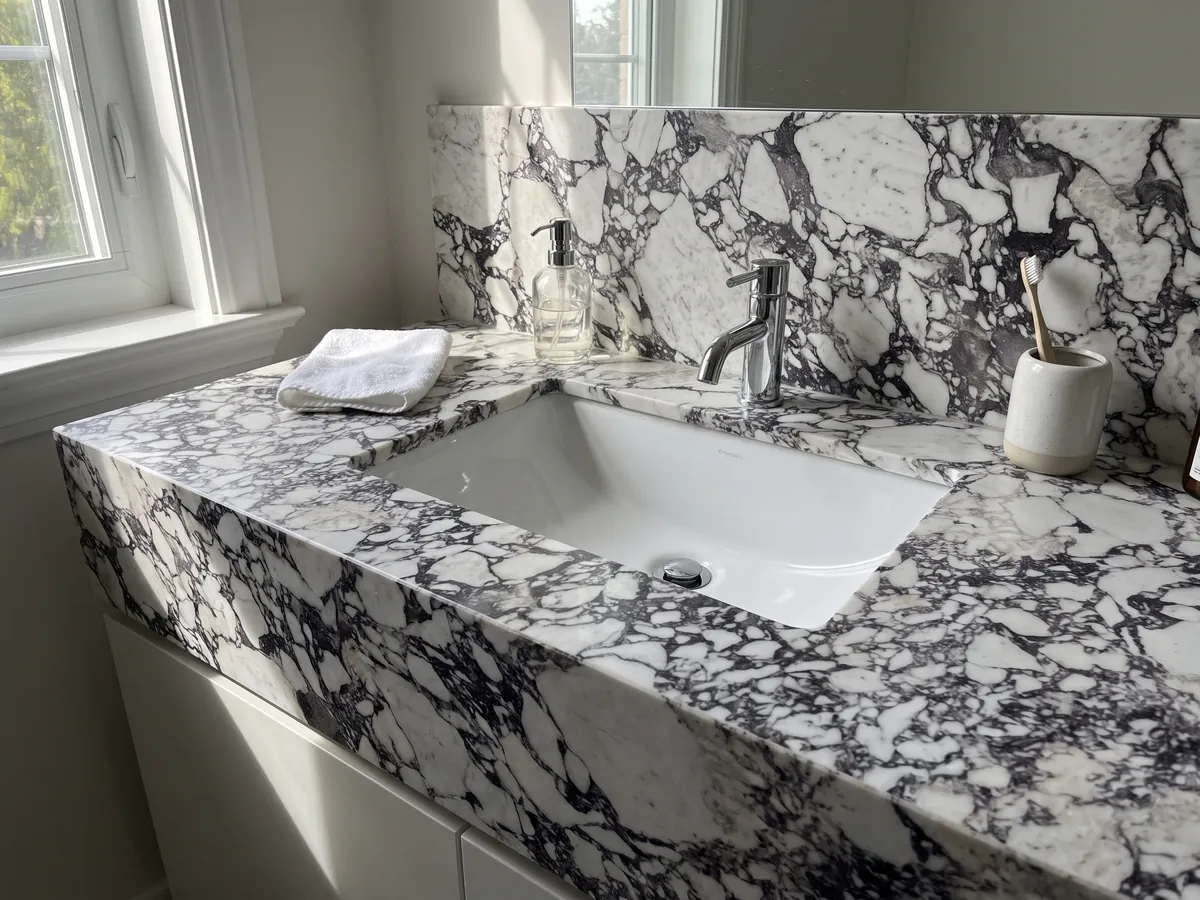 Bathroom vanity top and wall in white Breccia Capraia marble with a white sink and chrome fixtures: white fragments surrounded by a dense dark gray web with violet tones