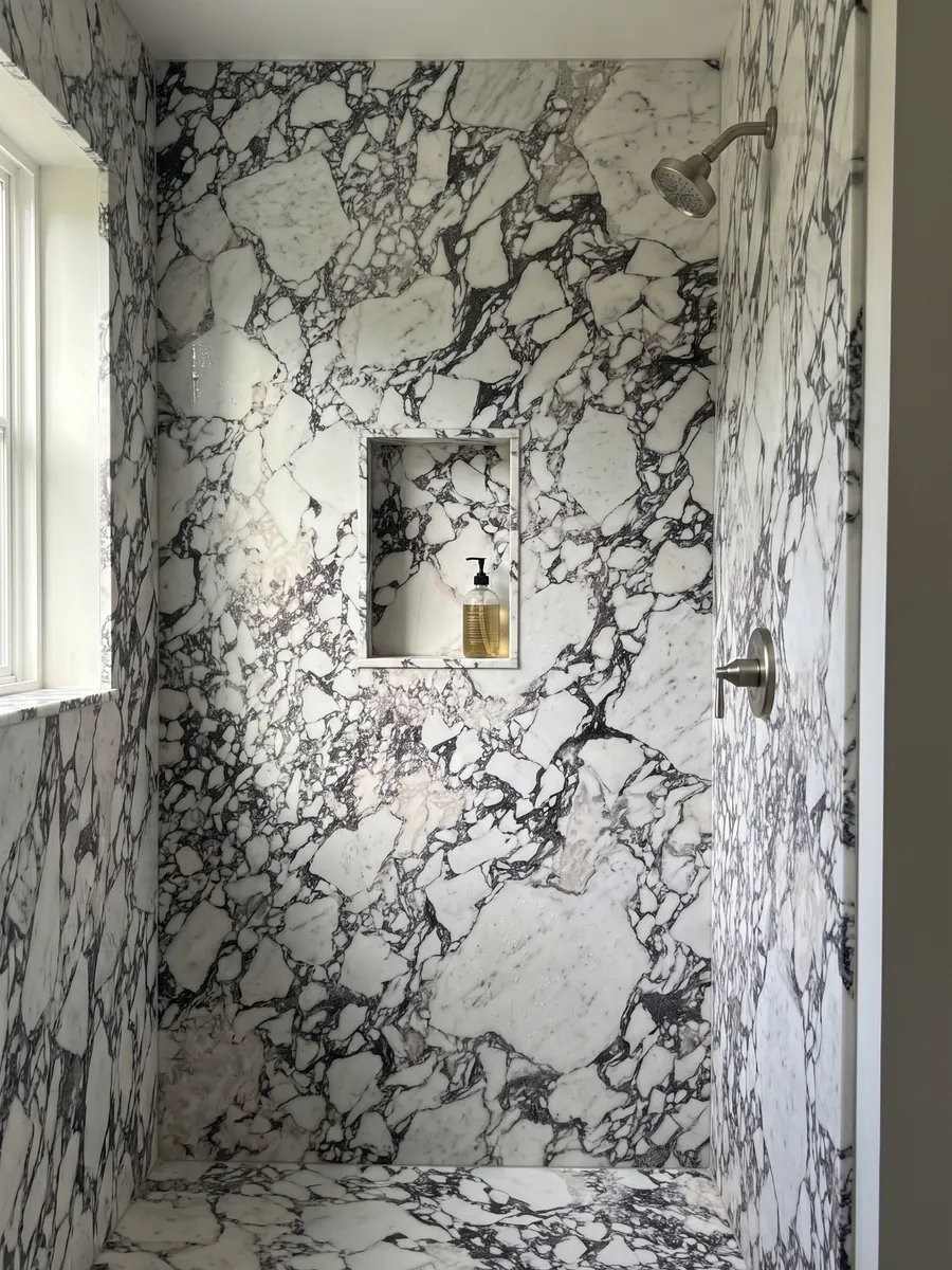 Shower clad in full slabs of white Breccia Capraia marble with a recessed niche: white fragments surrounded by a dense dark gray web with violet tones