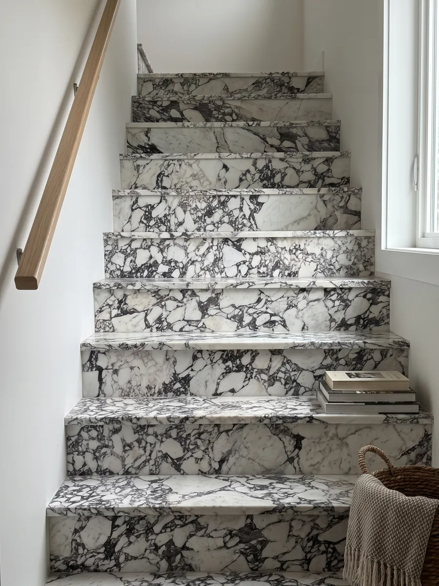 Interior staircase with white Breccia Capraia marble steps and a handrail: white fragments surrounded by a dense dark gray web with violet tones