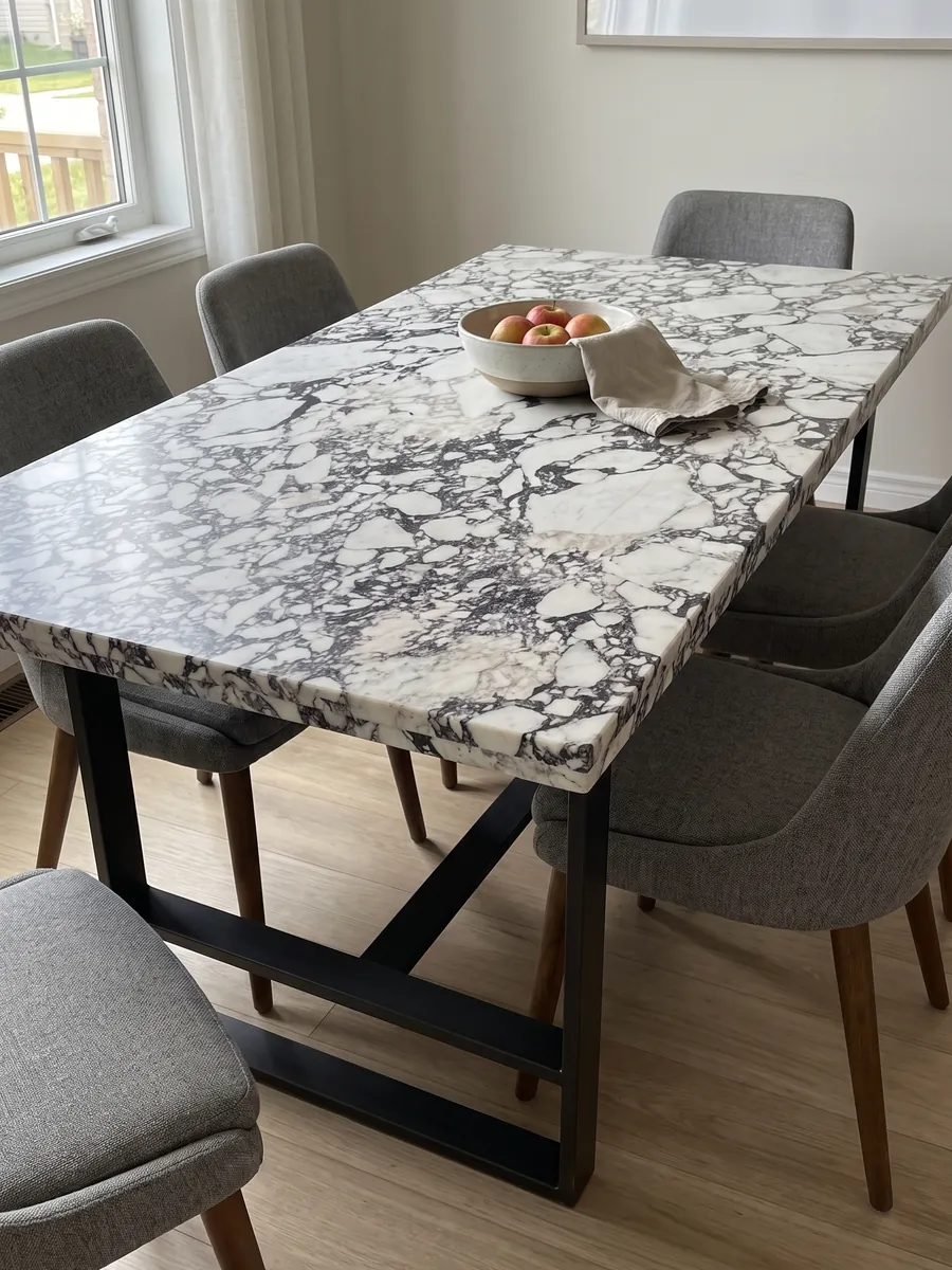 Dining table with a white Breccia Capraia marble top on a steel base: white fragments surrounded by a dense dark gray web with violet tones