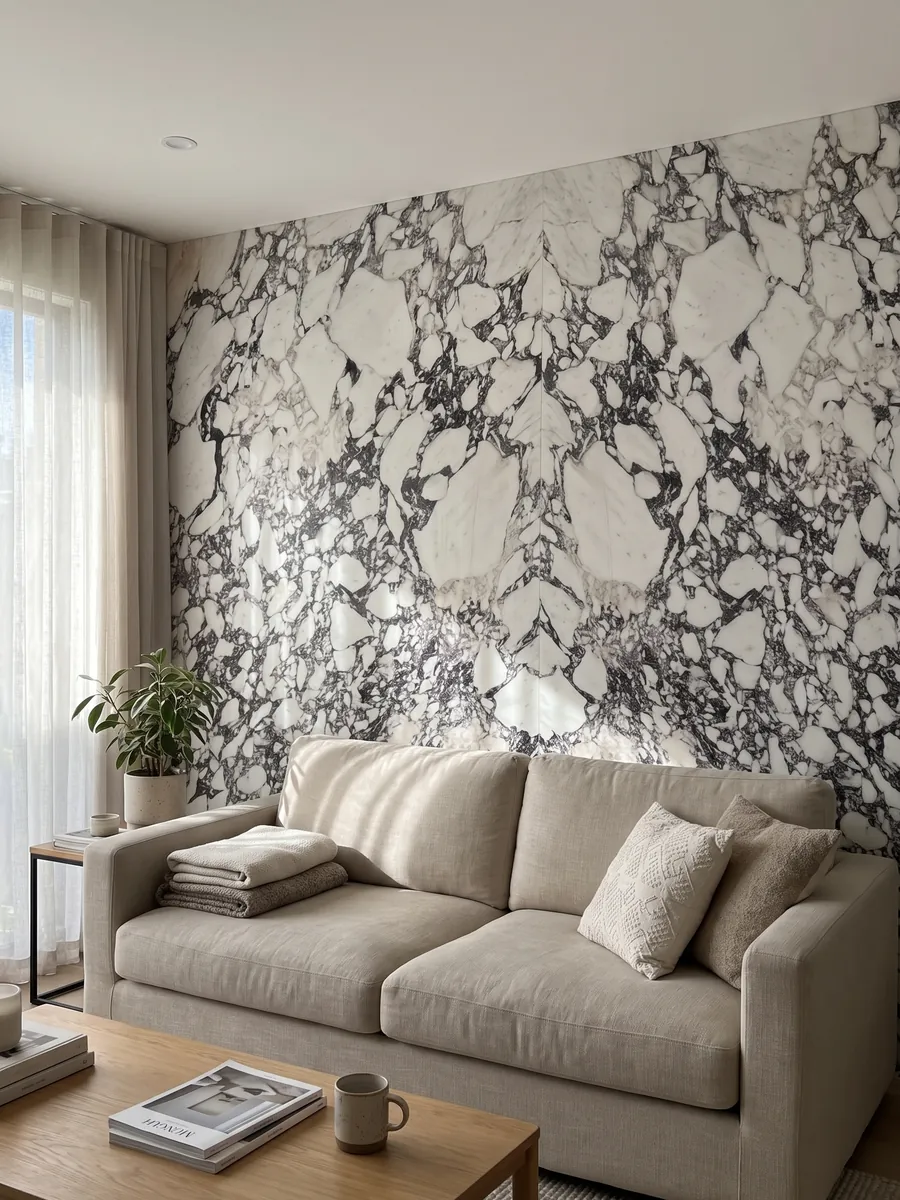 Living room wall clad with bookmatched slabs of white Breccia Capraia marble behind a sofa: white fragments surrounded by a dense dark gray web with violet tones
