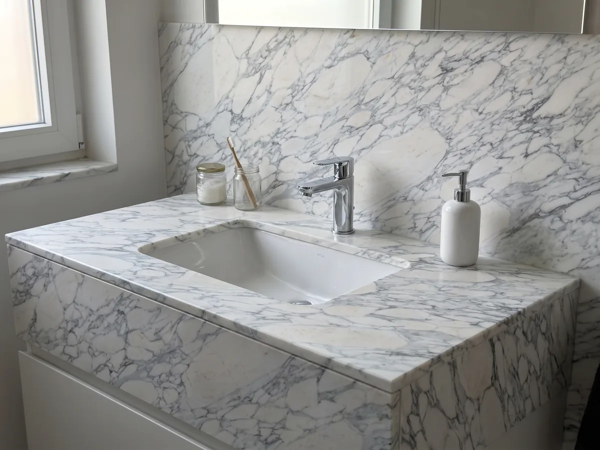 Vanity top and bathroom wall in white Breccia di Serravezza marble with a white sink and chrome faucets: white fragments with a fine bluish gray web spread across the whole slab