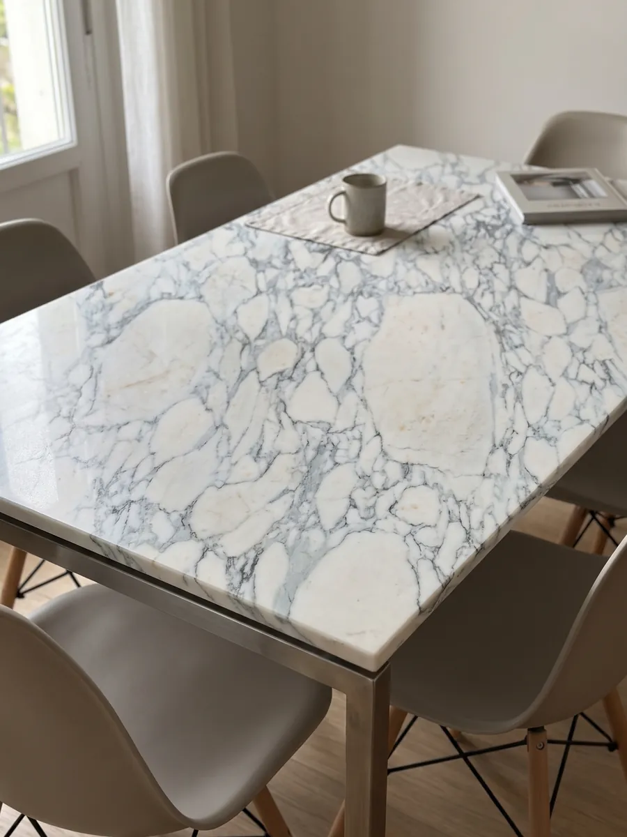 Dining table with a white Breccia di Serravezza marble top on a steel base: white fragments with a fine bluish gray web spread across the whole slab
