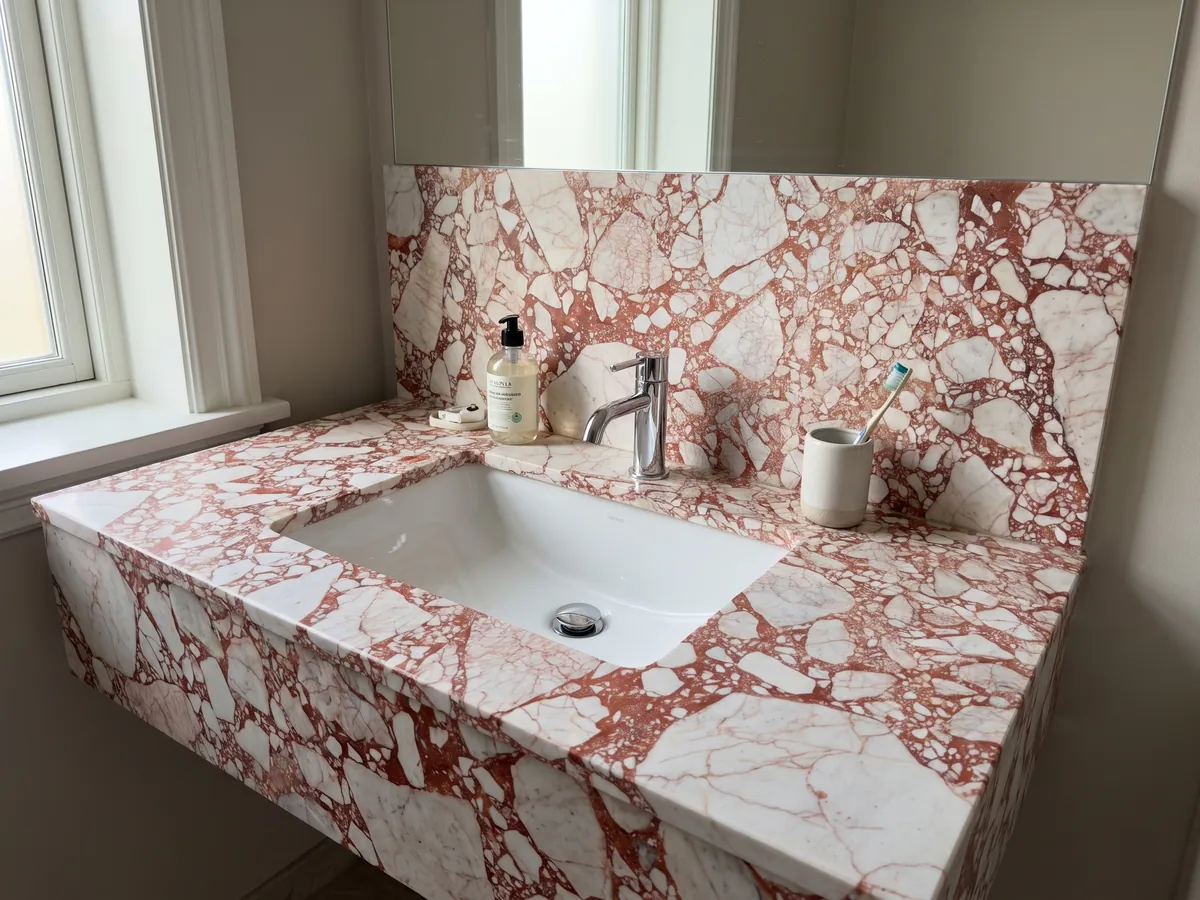 Vanity top and bathroom wall in white Calacatta Antique marble with a white sink and chrome fixtures: angular white fragments joined by an intense coral red matrix