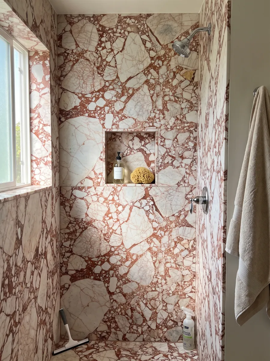 Shower clad in full slabs of white Calacatta Antique marble with a recessed niche: angular white fragments joined by an intense coral red matrix