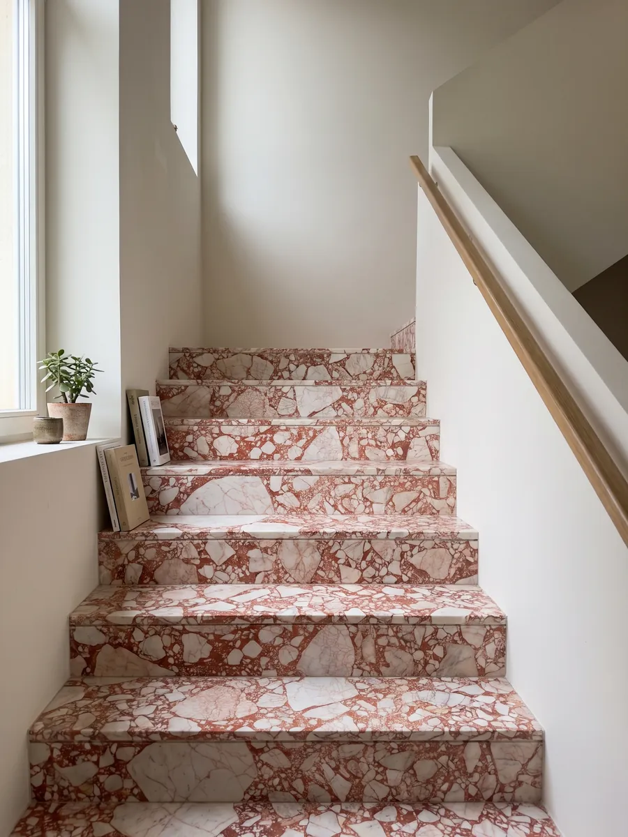 Interior staircase with steps of white Calacatta Antique marble and a handrail: angular white fragments joined by an intense coral red matrix
