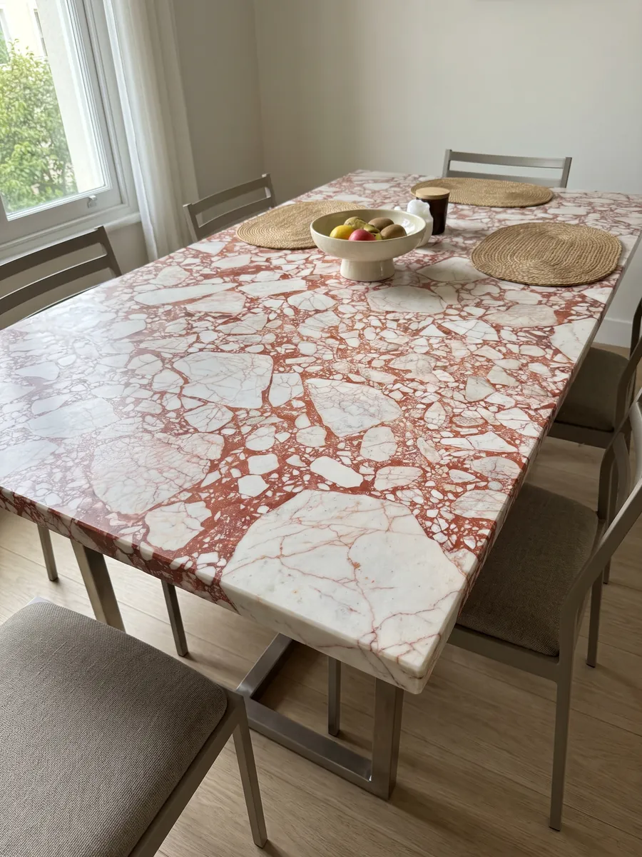 Dining table with a top of white Calacatta Antique marble on a steel base: angular white fragments joined by an intense coral red matrix