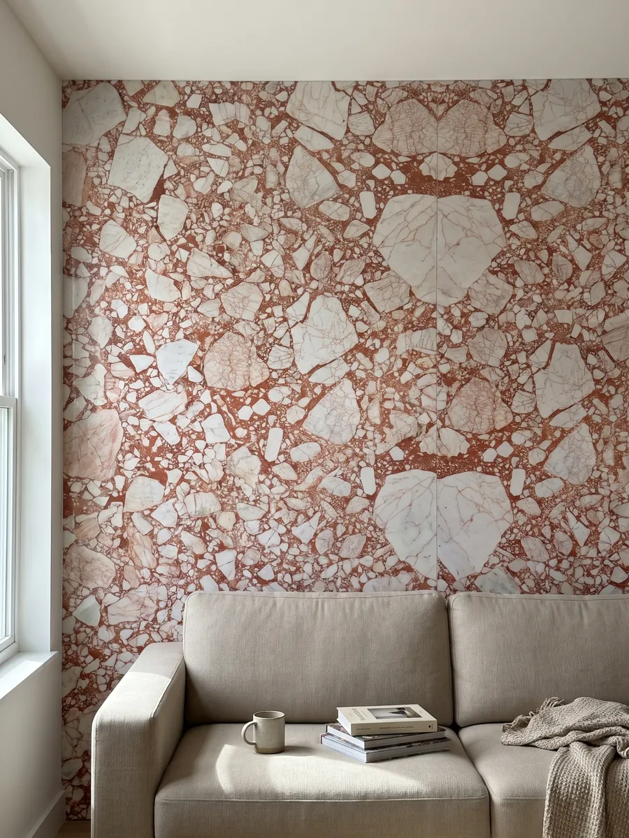 Living room wall clad in bookmatched slabs of white Calacatta Antique marble behind a sofa: angular white fragments joined by an intense coral red matrix