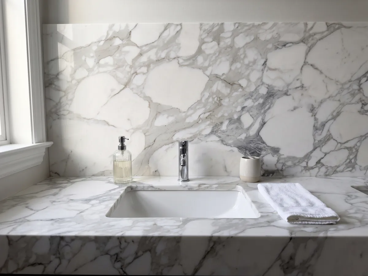 Vanity top and bathroom wall in white Calacatta marble with a white sink and chrome fixtures: large white fragments wrapped in wide, soft light gray veins