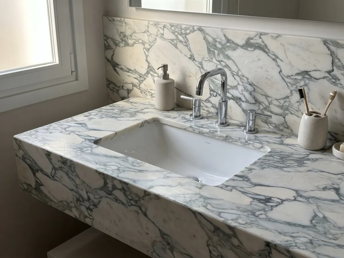 Vanity top and bathroom wall in white Calacatta Caldia marble with a white sink and chrome fittings: cream fragments surrounded by a web of greenish gray veins
