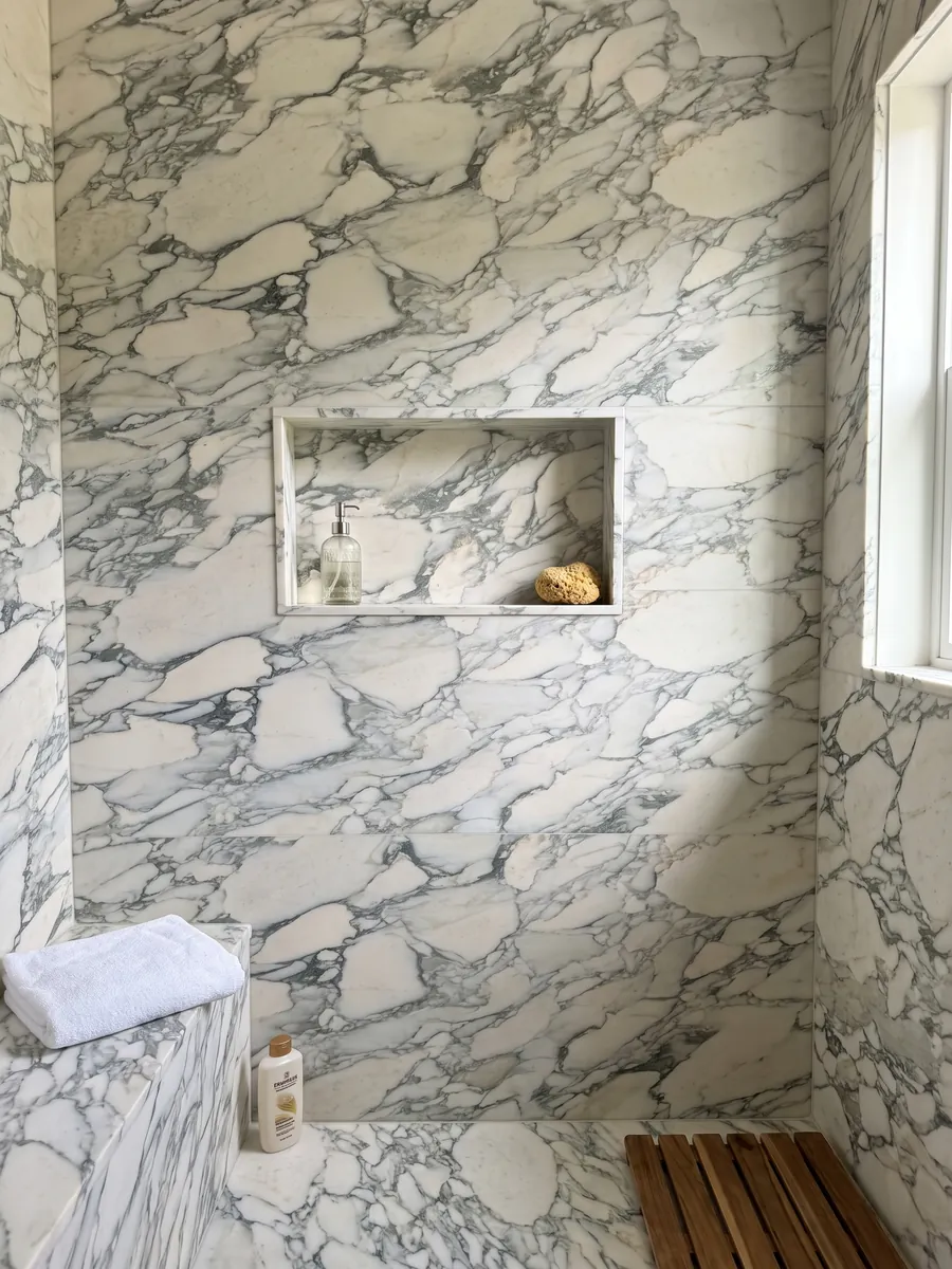 Shower clad in full white Calacatta Caldia marble slabs with a recessed niche: cream fragments surrounded by a web of greenish gray veins