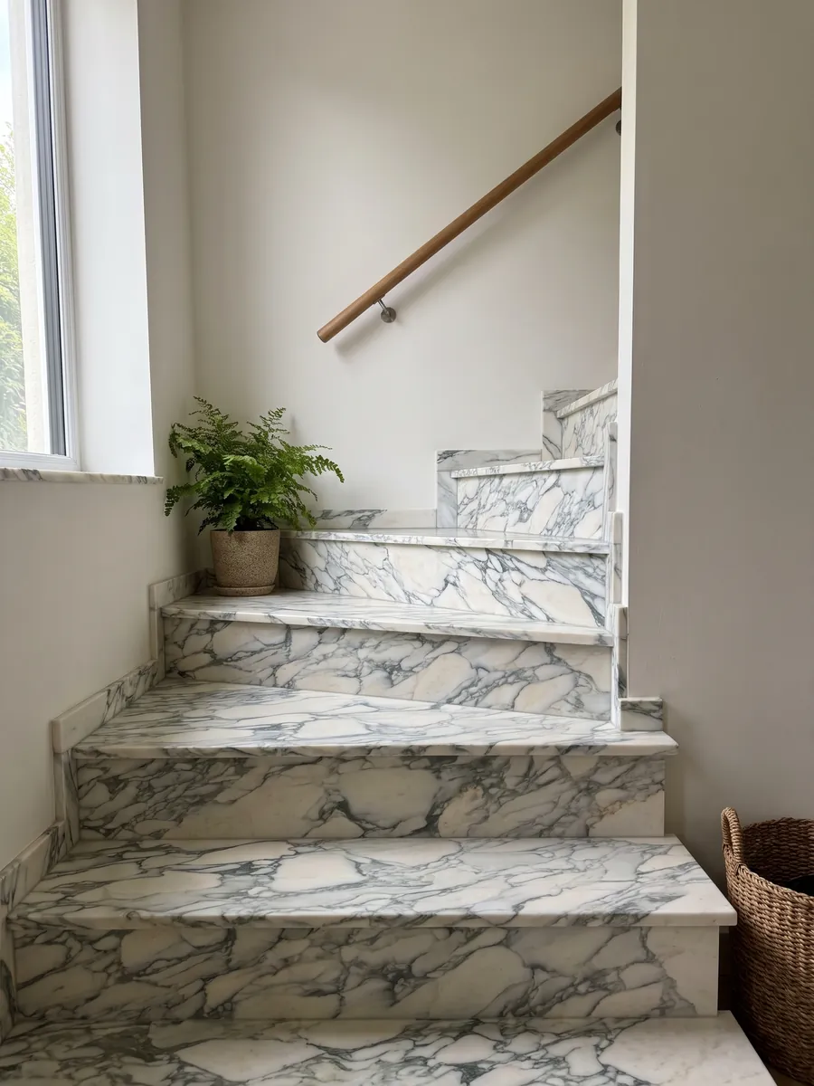 Interior staircase with white Calacatta Caldia marble steps and a handrail: cream fragments surrounded by a web of greenish gray veins