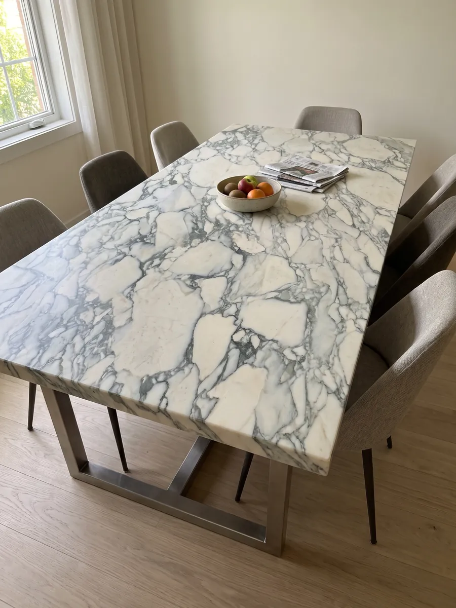 Dining table with a white Calacatta Caldia marble top on a steel base: cream fragments surrounded by a web of greenish gray veins