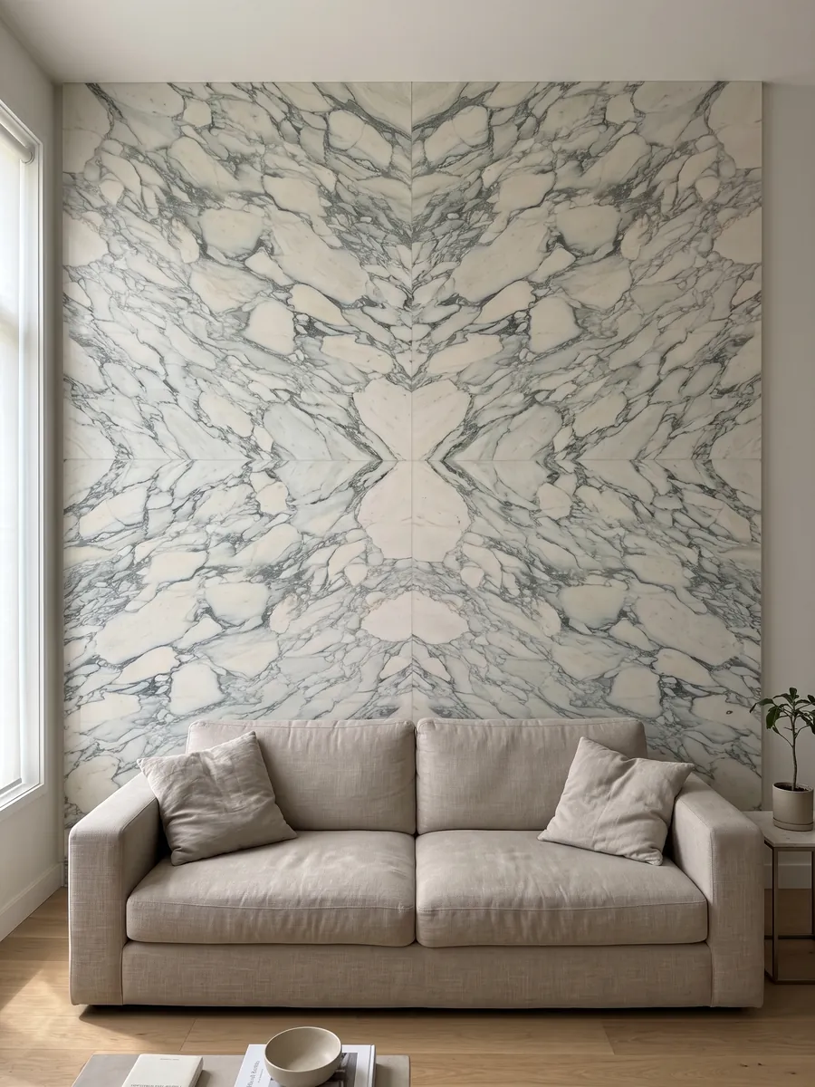 Living room wall clad in bookmatched white Calacatta Caldia marble slabs behind a sofa: cream fragments surrounded by a web of greenish gray veins