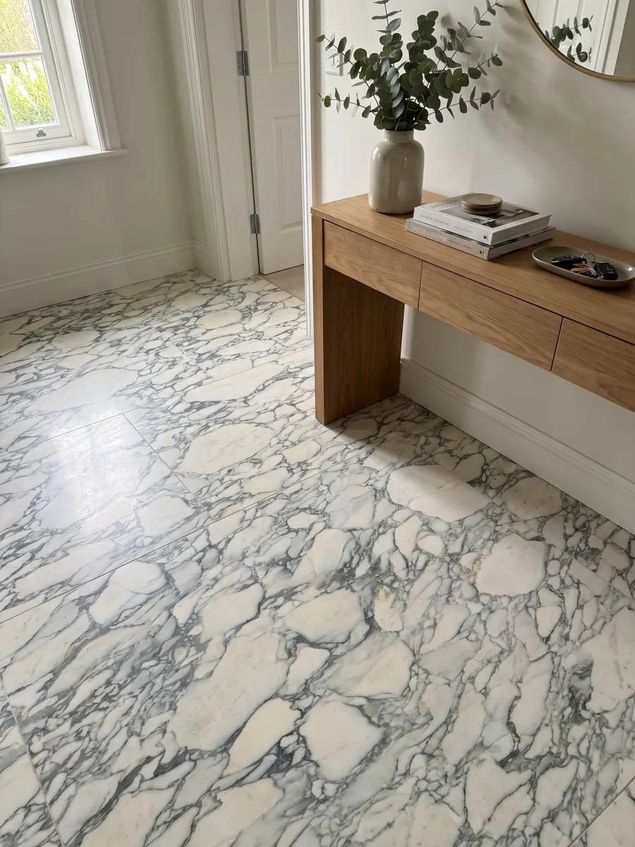 Entryway floor in large white Calacatta Caldia marble slabs with natural light: cream fragments surrounded by a web of greenish gray veins