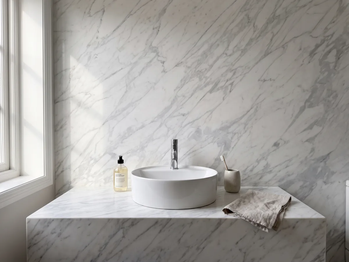 Vanity top and bathroom wall in white Calacatta Classic marble with a white sink and chrome fittings: white with fine light gray diagonal veins across the whole slab