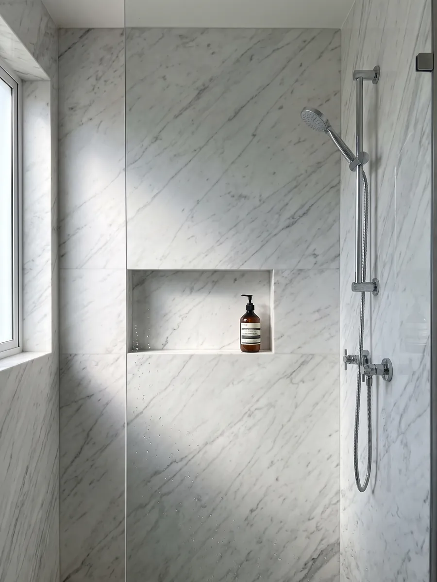Shower clad in full white Calacatta Classic marble slabs with a recessed niche: white with fine light gray diagonal veins across the whole slab