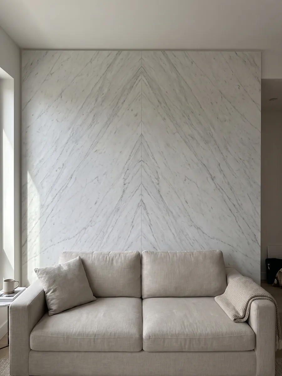 Living room wall clad in bookmatched white Calacatta Classic marble slabs behind a sofa: white with fine light gray veins running diagonally across the slab