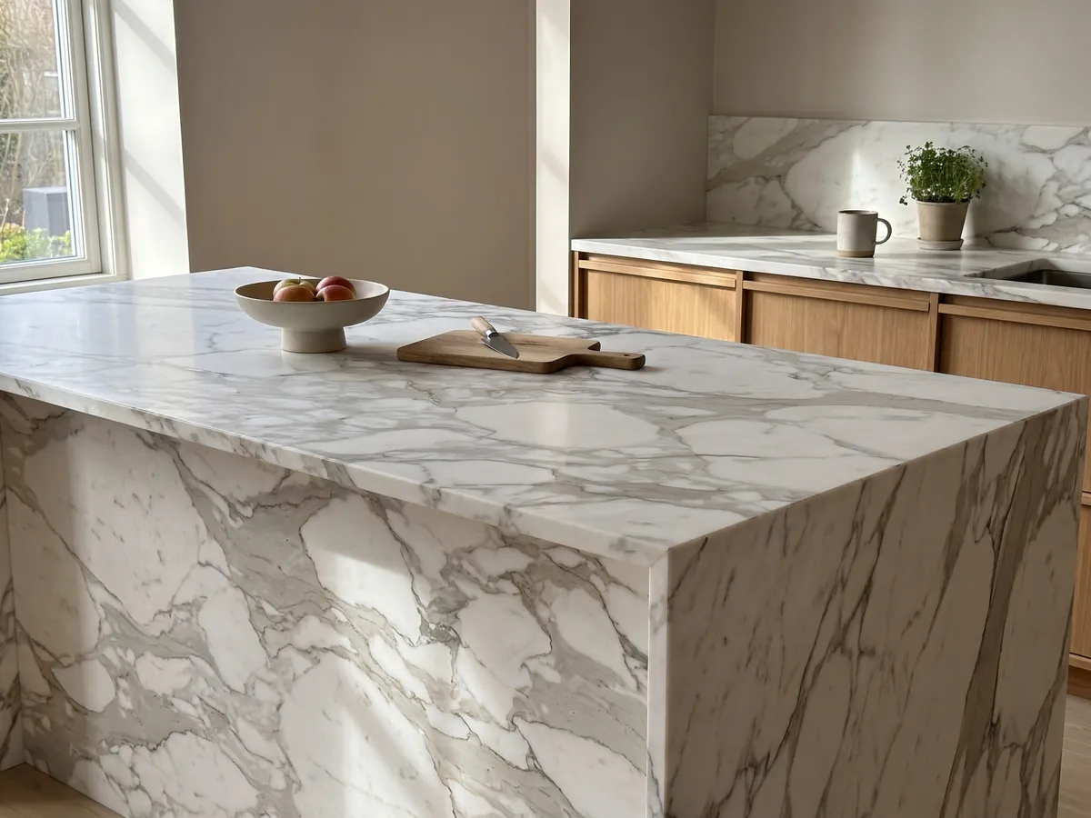 Kitchen island with a white Calacatta marble countertop and a straight edge in natural light: large white fragments in wide, soft light-gray veining