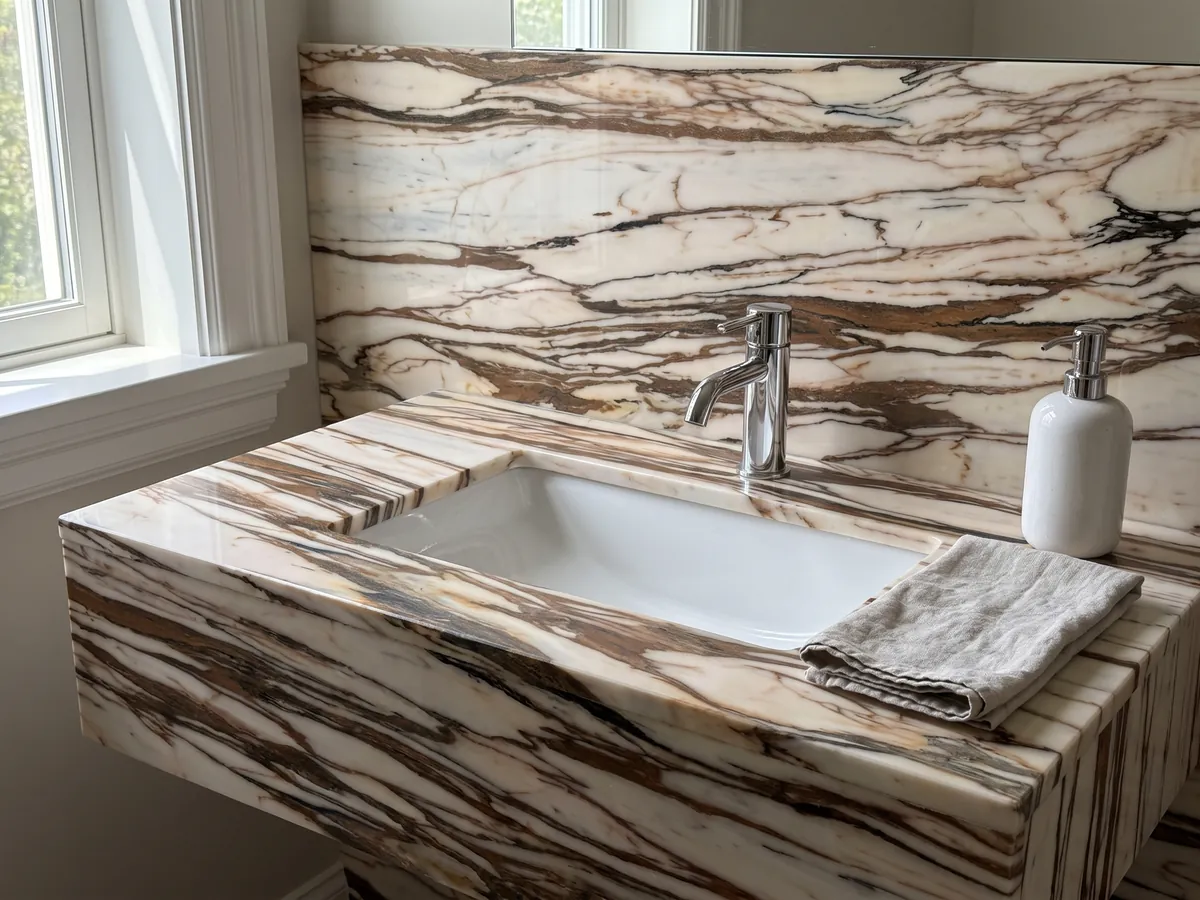 Bathroom vanity top and wall in white Calacatta Copper marble with a white sink and chrome fixtures: cream crossed horizontally by thick copper and dark brown veins