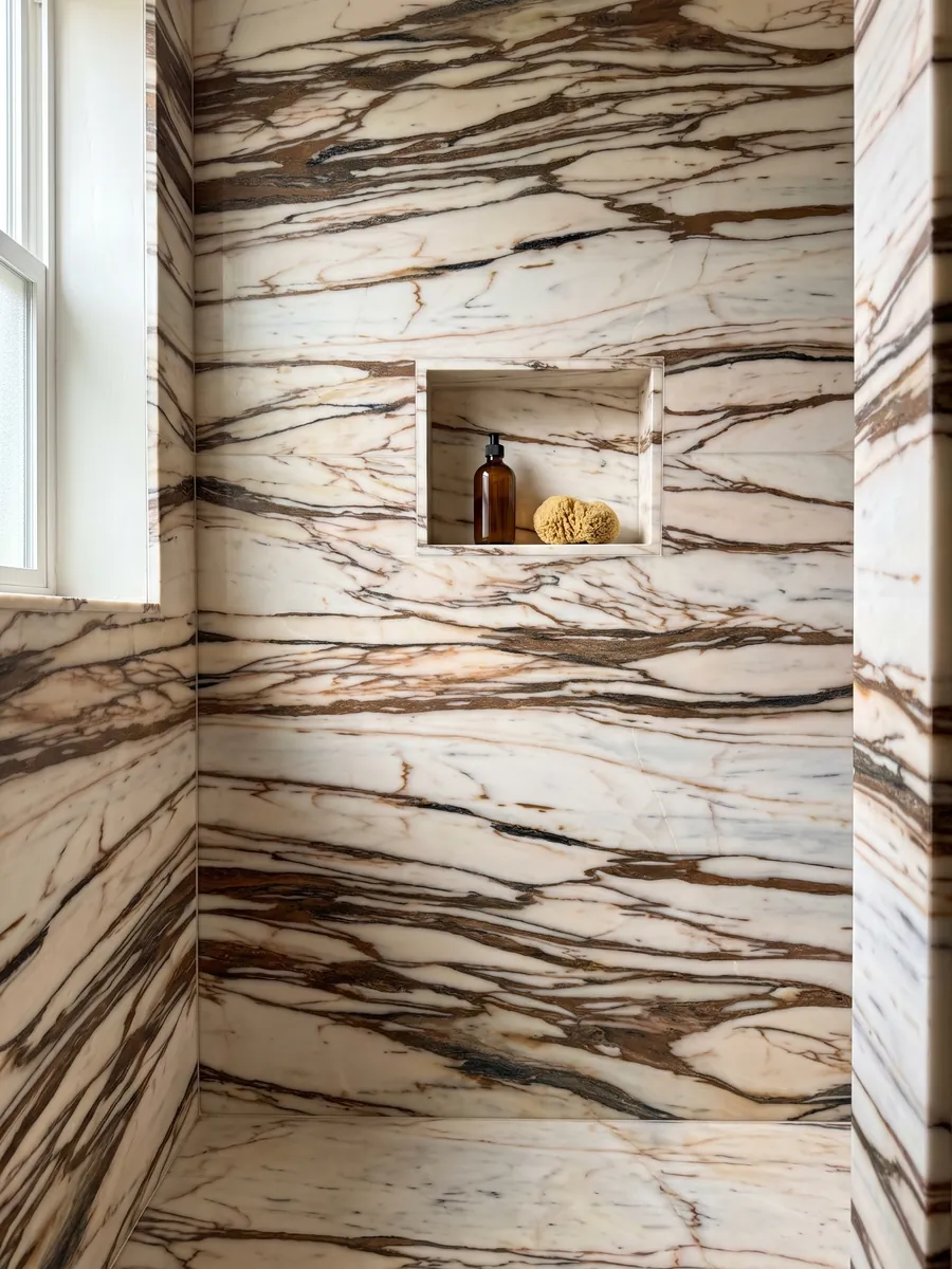 Shower clad in full white Calacatta Copper marble slabs with a recessed niche: cream crossed horizontally by thick copper and dark brown veins