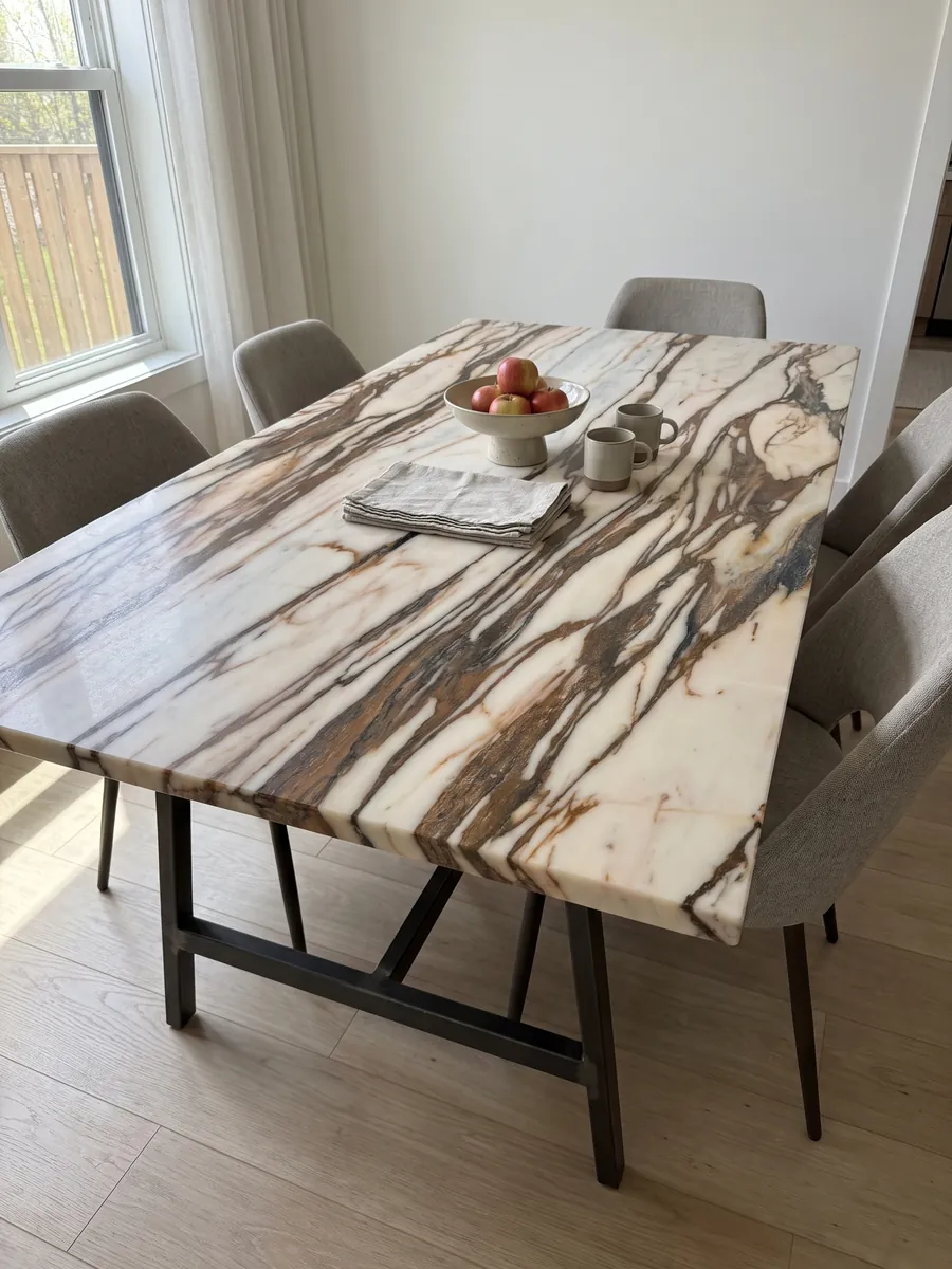 Dining table with a white Calacatta Copper marble top on a steel base: cream crossed horizontally by thick copper and dark brown veins