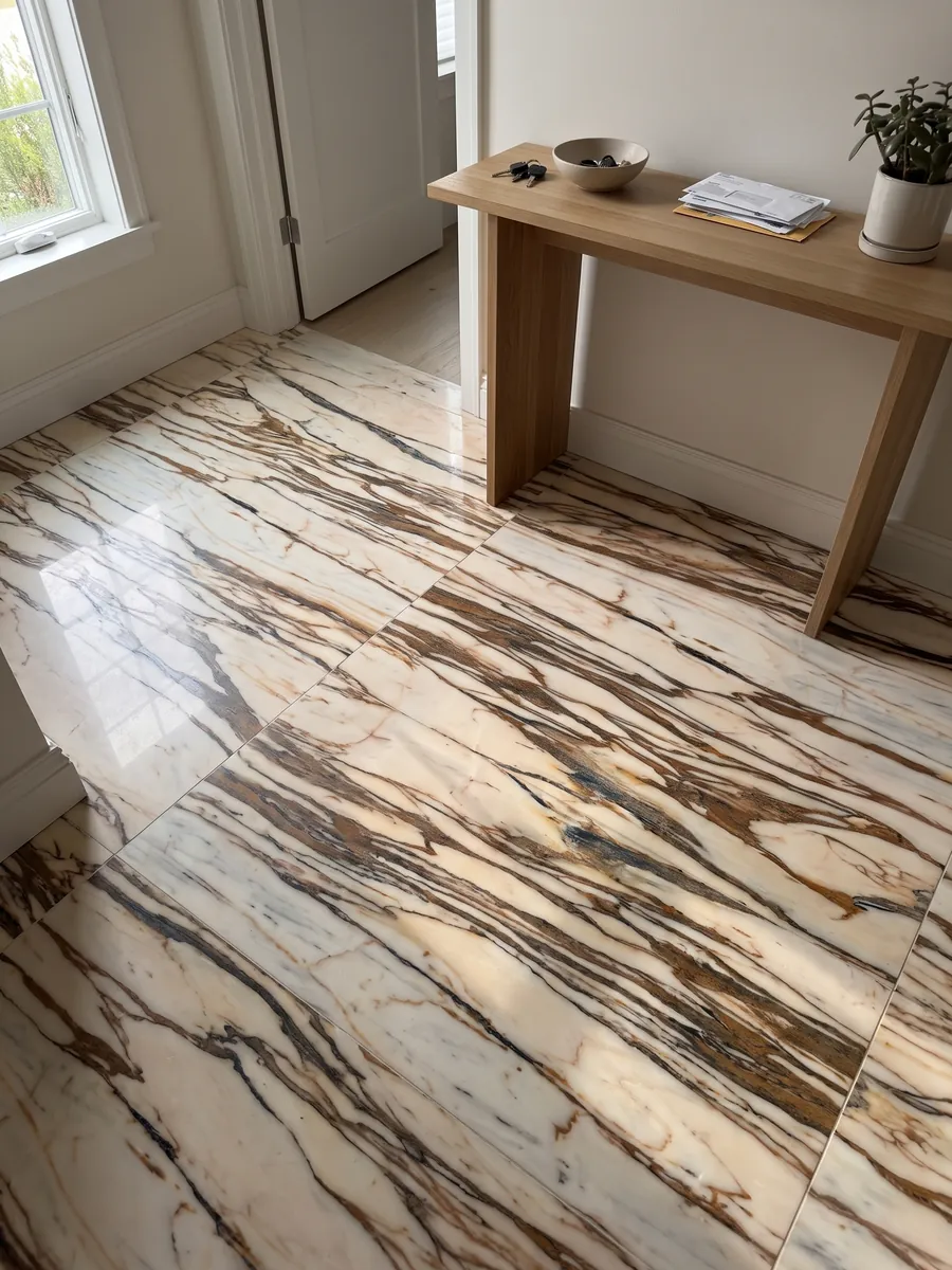 Entryway floor in large white Calacatta Copper marble slabs with natural light: cream crossed horizontally by thick copper and dark brown veins