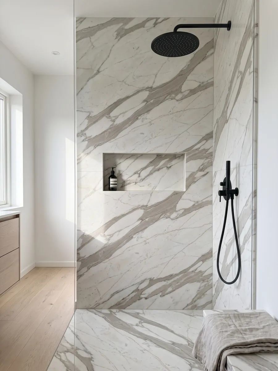 Shower clad in full white Calacatta Cremo marble slabs with a recessed niche: ivory white with wide beige gray veins and fine copper lines