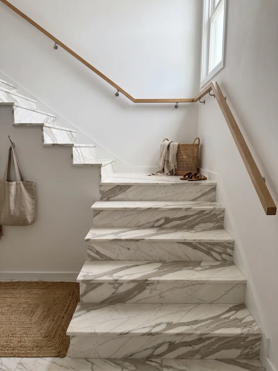 Interior staircase with white Calacatta Cremo marble steps and handrail: ivory white with wide beige gray veins and fine copper lines