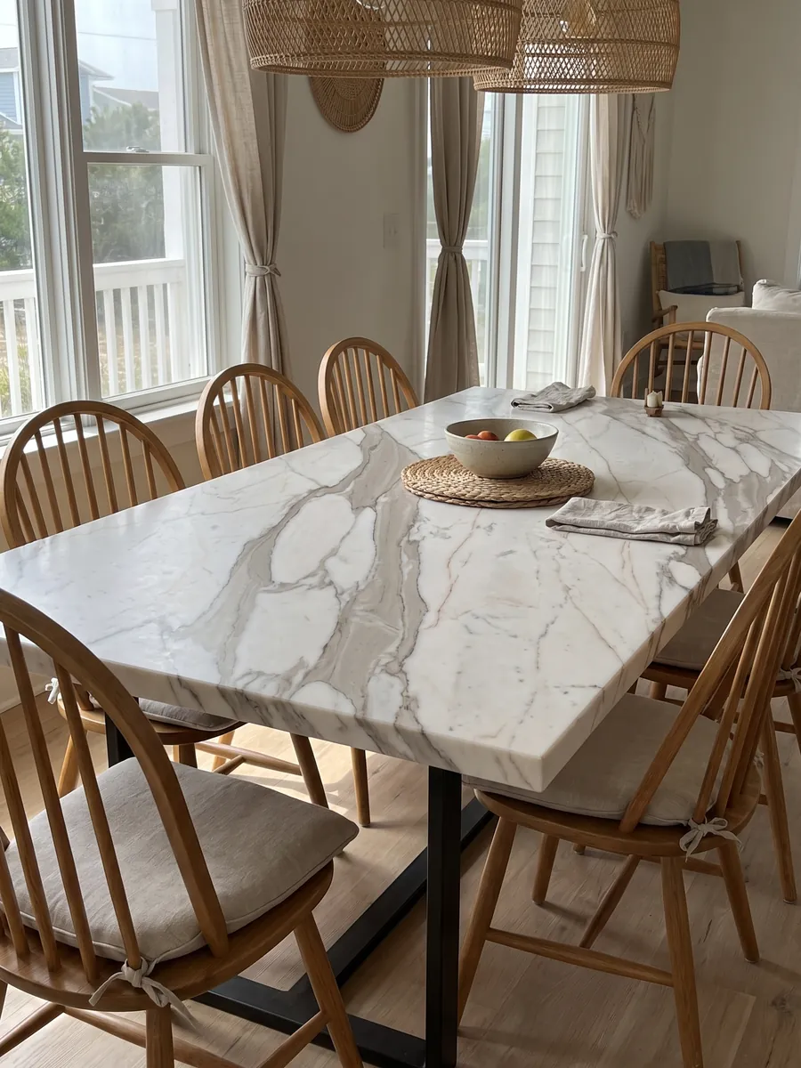 Dining table with a white Calacatta Cremo marble top on a steel base: ivory white with wide beige gray veins and fine copper lines