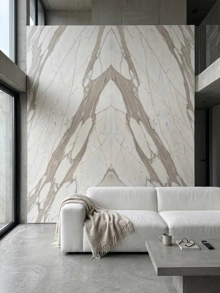 Living room wall clad in bookmatched white Calacatta Cremo marble slabs behind a sofa: ivory white with wide beige gray veins and fine copper lines