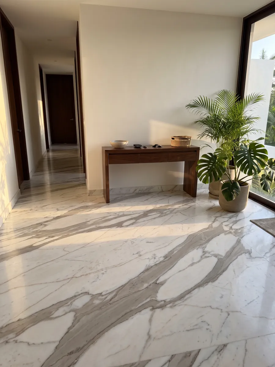 Entryway floor in large white Calacatta Cremo marble slabs with natural light: ivory white with wide beige gray veins and fine copper lines