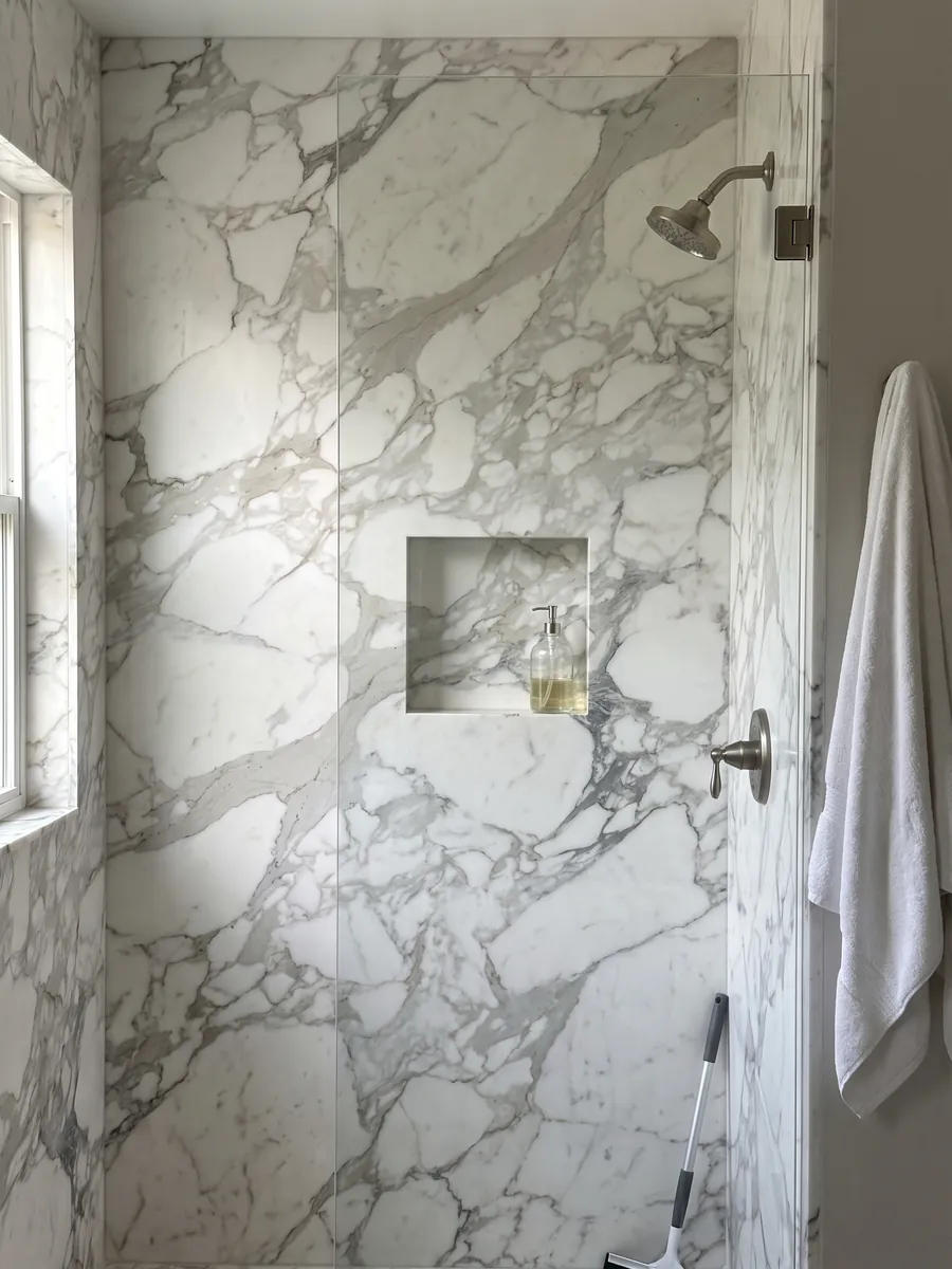 Shower clad in full slabs of white Calacatta marble with a recessed niche: large white fragments wrapped in wide, soft light gray veins