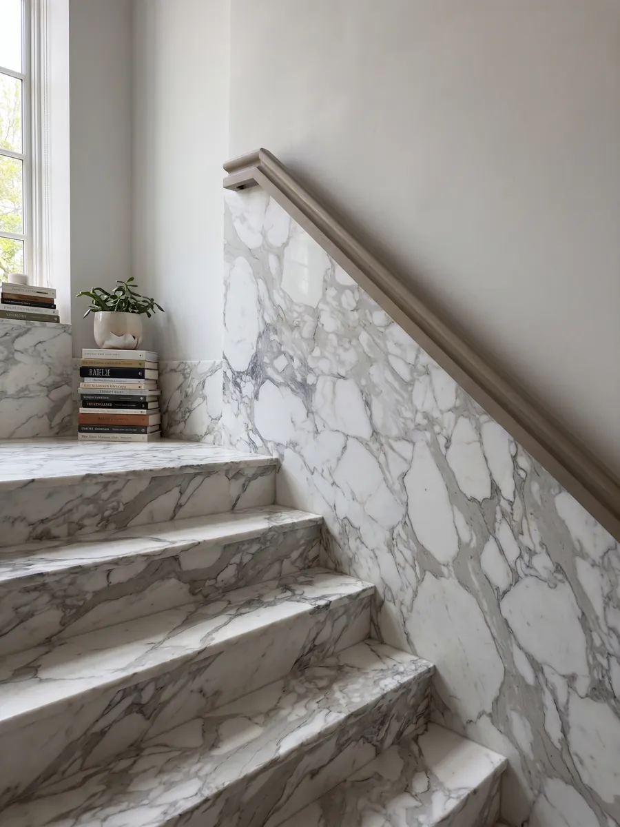 Interior staircase with steps of white Calacatta marble and a handrail: large white fragments wrapped in wide, soft light gray veins