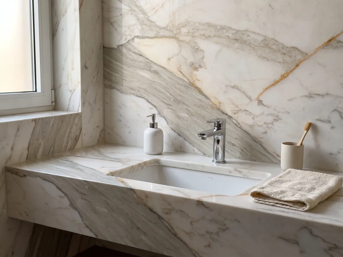 Vanity top and bathroom wall in white Calacatta Macchia Vecchia marble with a white sink and chrome fixtures: warm white with a gray beige band on the diagonal and fine golden veins