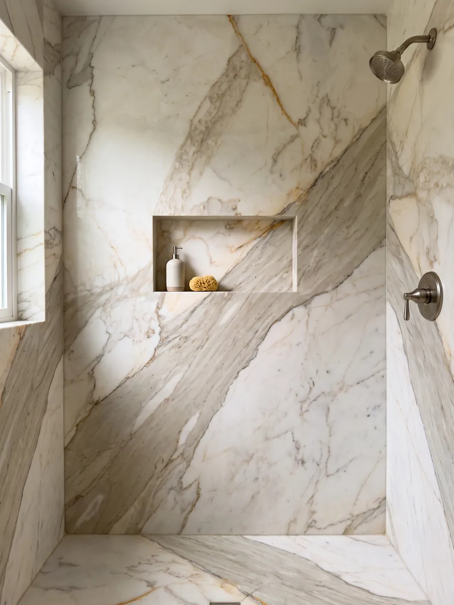 Shower clad in full slabs of white Calacatta Macchia Vecchia marble with a recessed niche: warm white with a gray beige band on the diagonal and fine golden veins