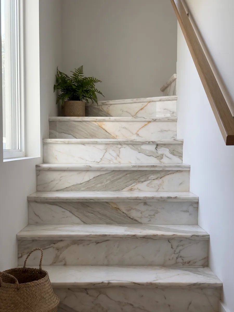 Interior staircase with white Calacatta Macchia Vecchia marble steps and a handrail: warm white with a gray beige band on the diagonal and fine golden veins