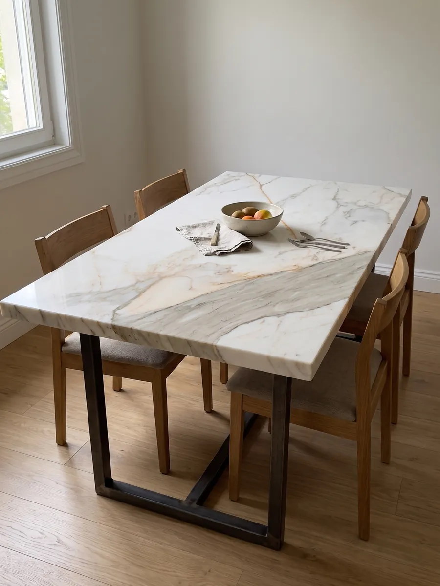 Dining table with a white Calacatta Macchia Vecchia marble top on a steel base: warm white with a gray beige band on the diagonal and fine golden veins