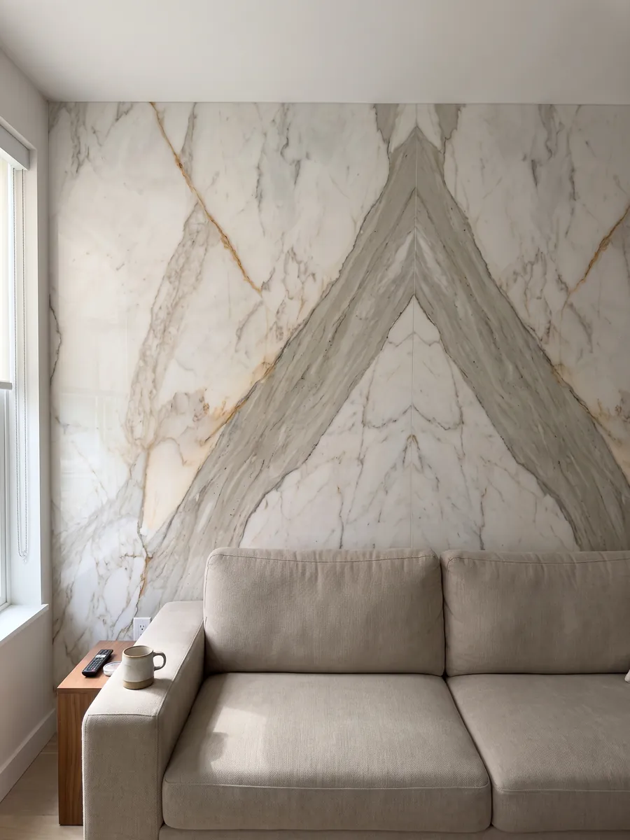 Living room wall clad in bookmatched slabs of white Calacatta Macchia Vecchia marble behind a sofa: warm white with a gray beige band on the diagonal and fine golden veins
